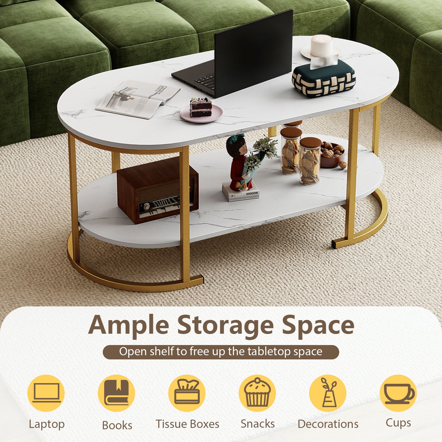 Oval Coffee Table 2-Tier Wooden Accent Table with Spacious Tabletop and Open Storage Shelf-White