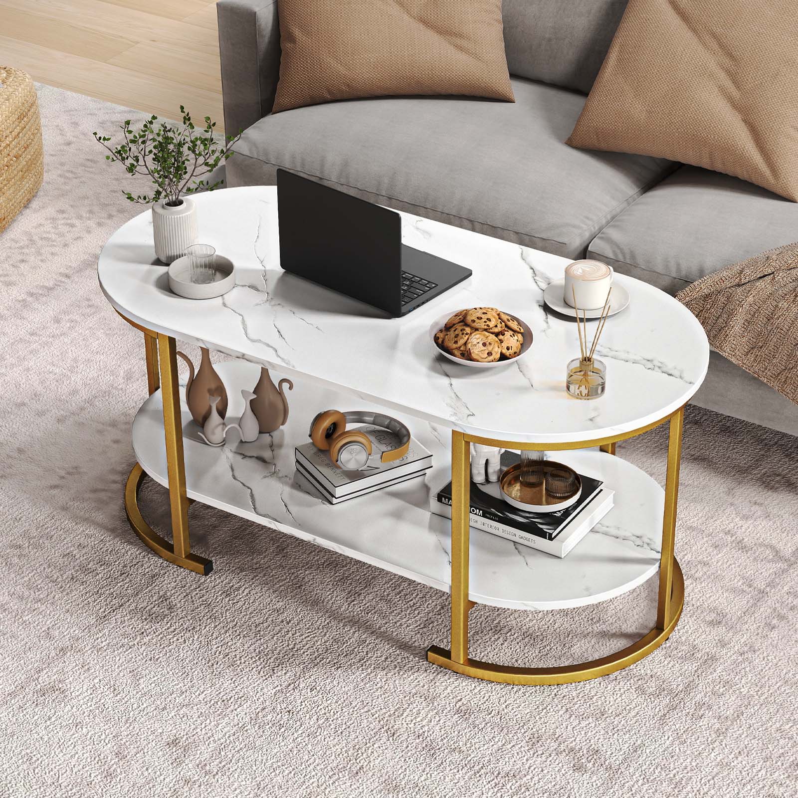 Oval Coffee Table 2-Tier Wooden Accent Table with Spacious Tabletop and Open Storage Shelf-White