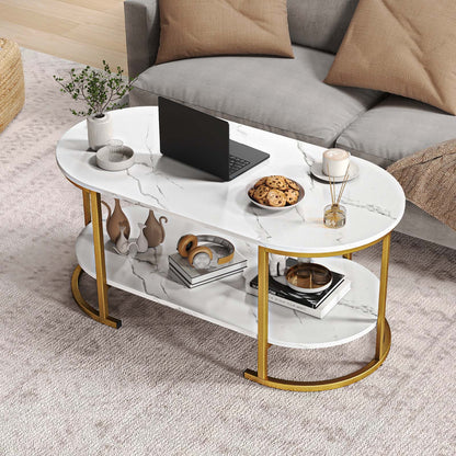 Oval Coffee Table 2-Tier Wooden Accent Table with Spacious Tabletop and Open Storage Shelf-White