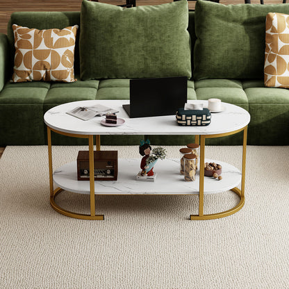 Oval Coffee Table 2-Tier Wooden Accent Table with Spacious Tabletop and Open Storage Shelf-White