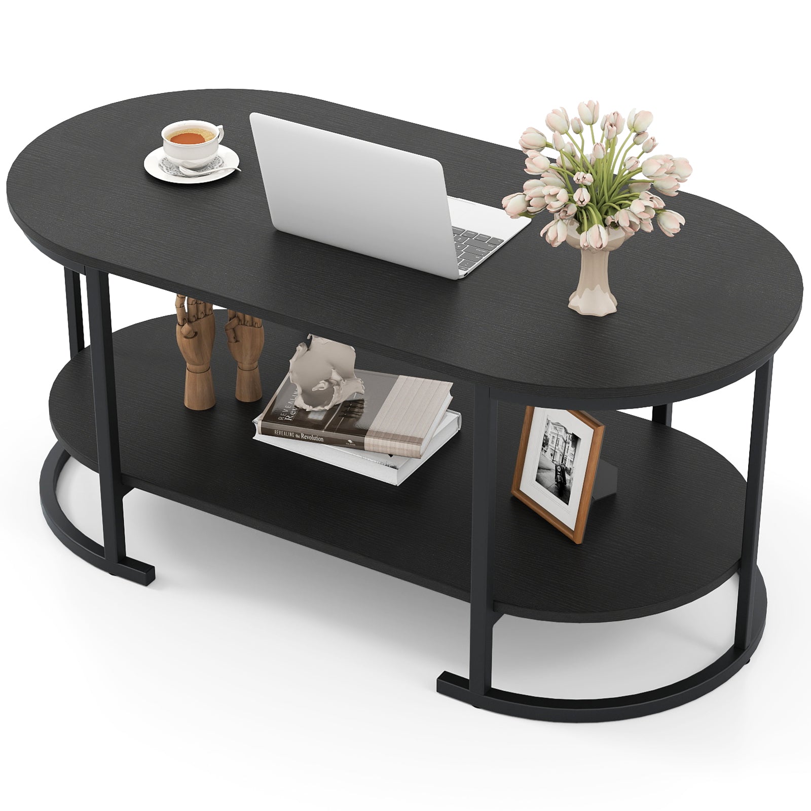 Oval Coffee Table 2-Tier Wooden Accent Table with Spacious Tabletop and Open Storage Shelf-Black