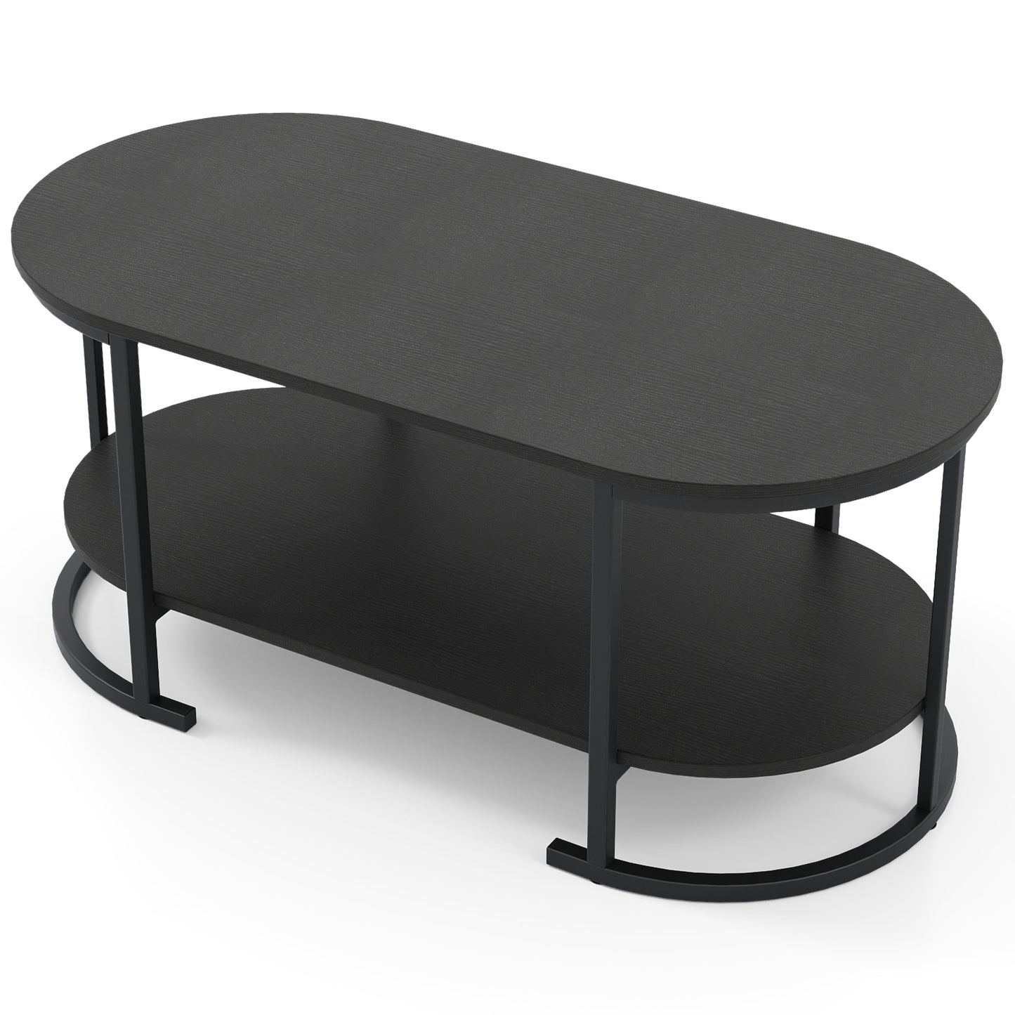 Oval Coffee Table 2-Tier Wooden Accent Table with Spacious Tabletop and Open Storage Shelf-Black
