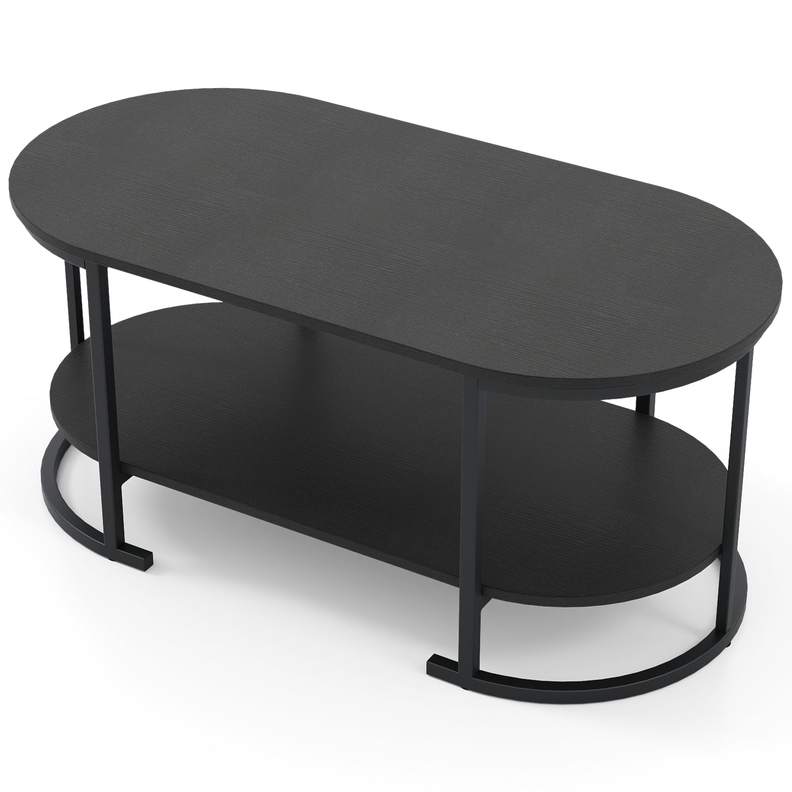 Oval Coffee Table 2-Tier Wooden Accent Table with Spacious Tabletop and Open Storage Shelf-Black