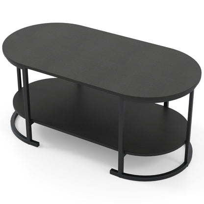 Oval Coffee Table 2-Tier Wooden Accent Table with Spacious Tabletop and Open Storage Shelf-Black