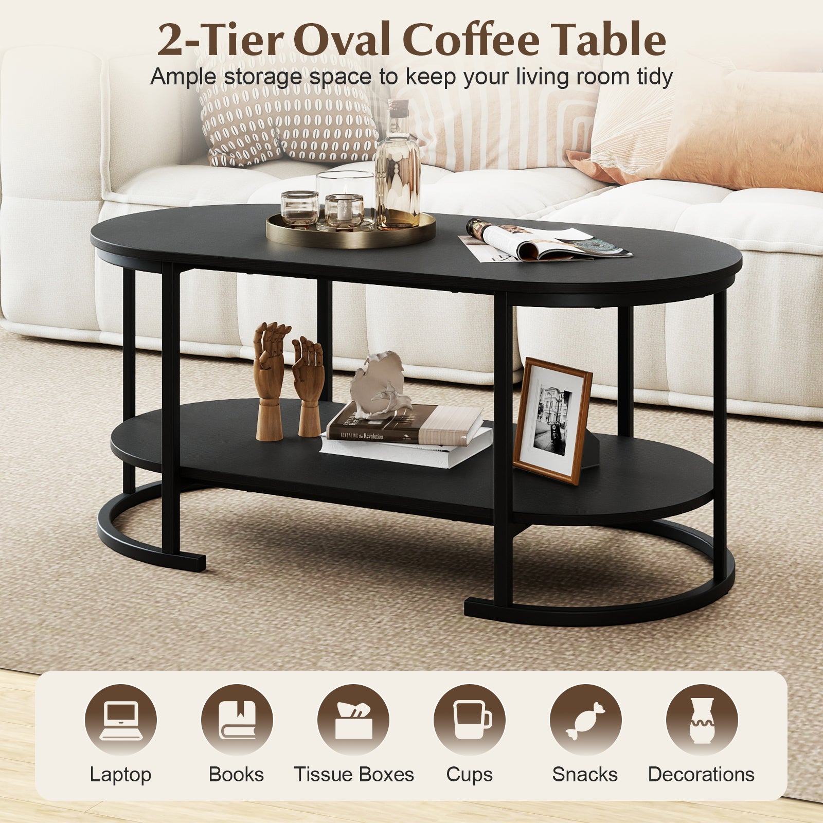 Oval Coffee Table 2-Tier Wooden Accent Table with Spacious Tabletop and Open Storage Shelf-Black