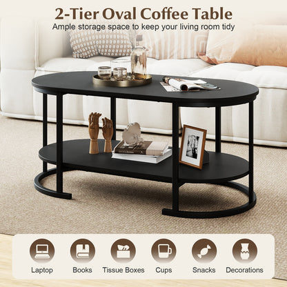Oval Coffee Table 2-Tier Wooden Accent Table with Spacious Tabletop and Open Storage Shelf-Black