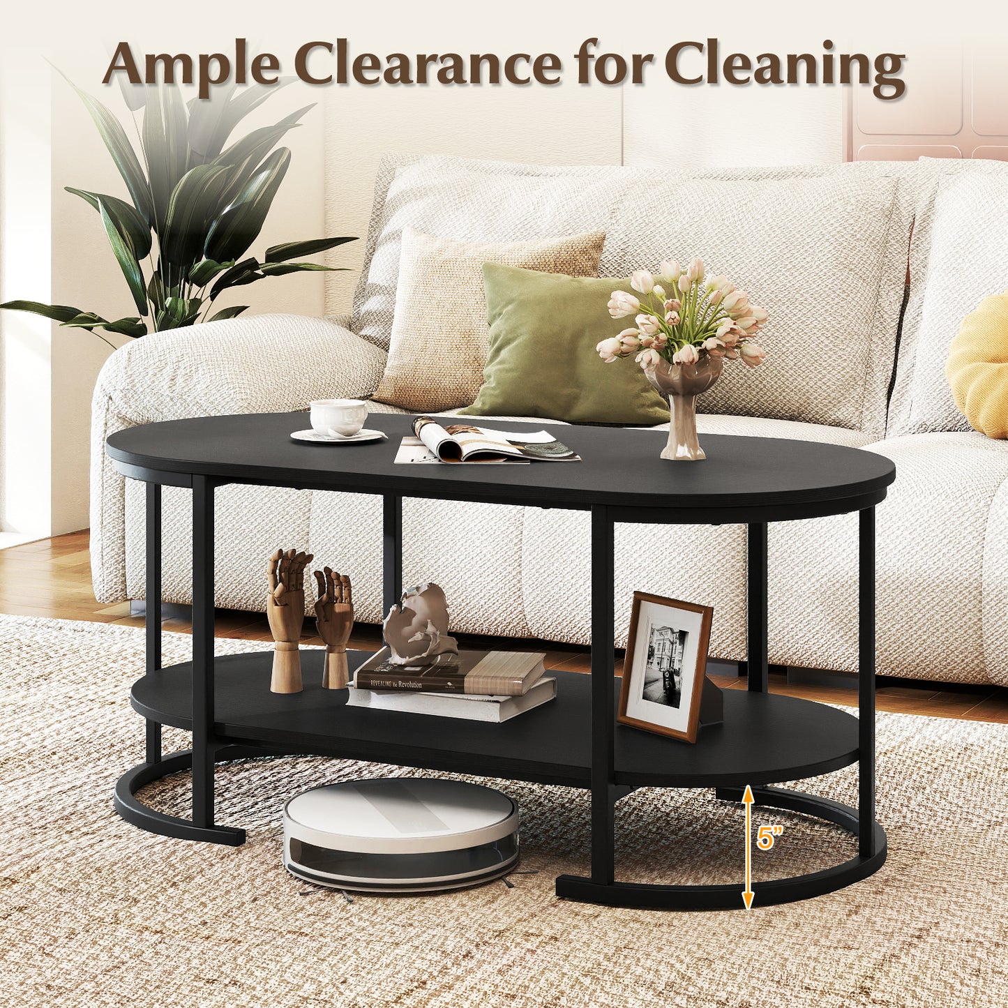 Oval Coffee Table 2-Tier Wooden Accent Table with Spacious Tabletop and Open Storage Shelf-Black