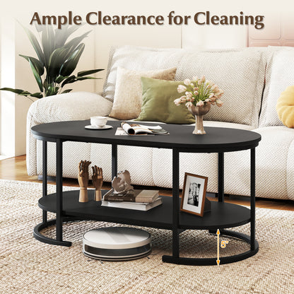 Oval Coffee Table 2-Tier Wooden Accent Table with Spacious Tabletop and Open Storage Shelf-Black