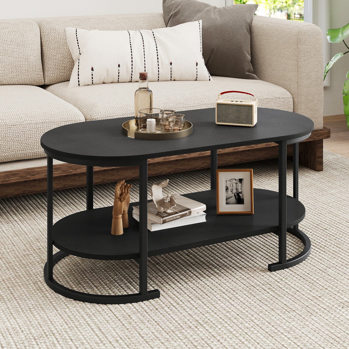 Oval Coffee Table 2-Tier Wooden Accent Table with Spacious Tabletop and Open Storage Shelf-Black