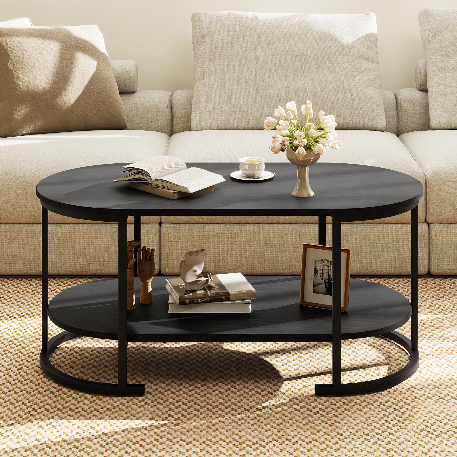 Oval Coffee Table 2-Tier Wooden Accent Table with Spacious Tabletop and Open Storage Shelf-Black