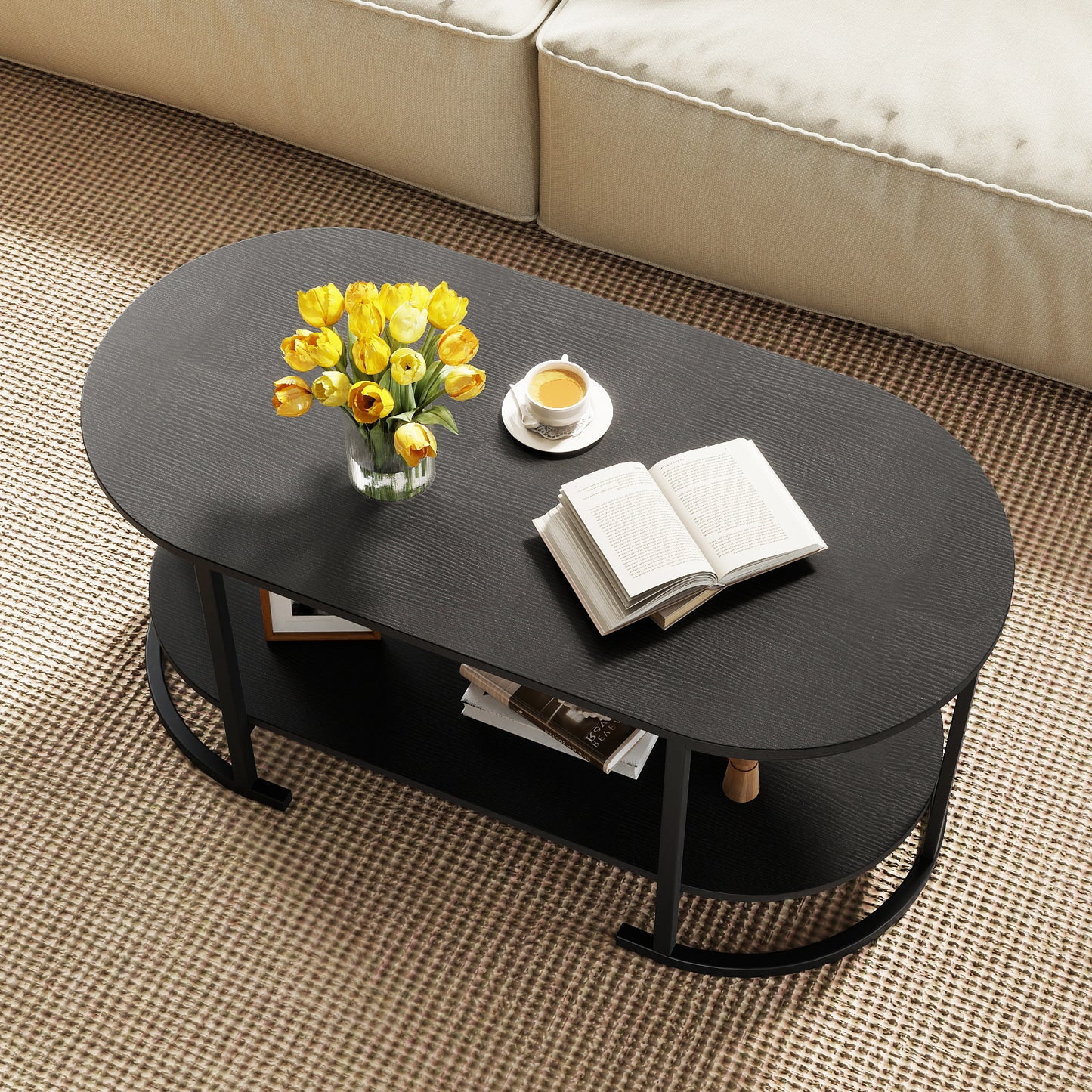 Oval Coffee Table 2-Tier Wooden Accent Table with Spacious Tabletop and Open Storage Shelf-Black