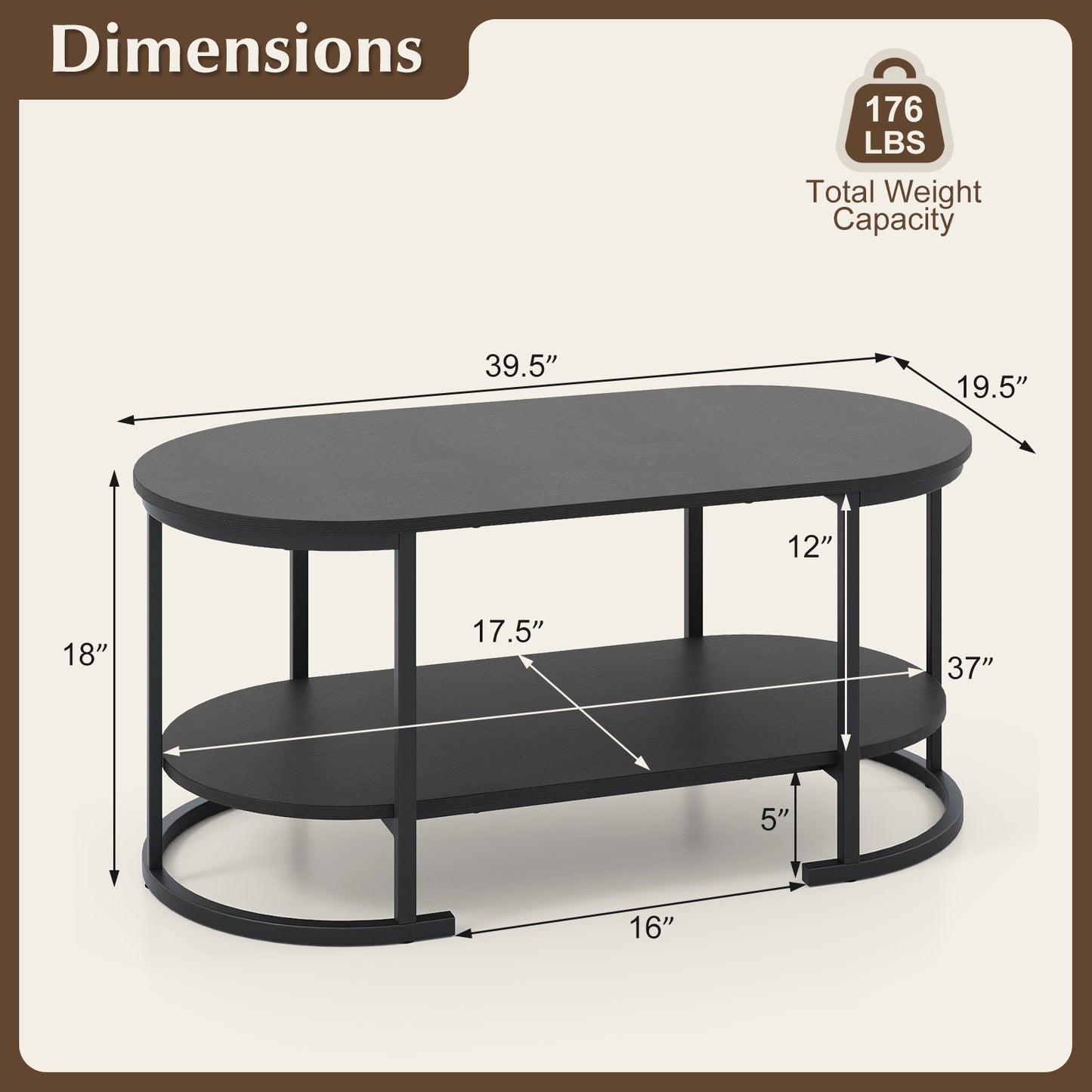 Oval Coffee Table 2-Tier Wooden Accent Table with Spacious Tabletop and Open Storage Shelf-Black