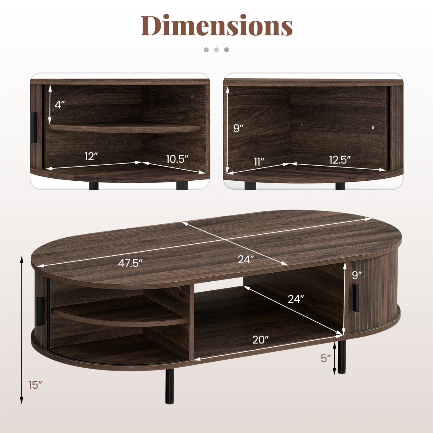 Oval Coffee Table 47.5inch Wooden Center Table with Storage