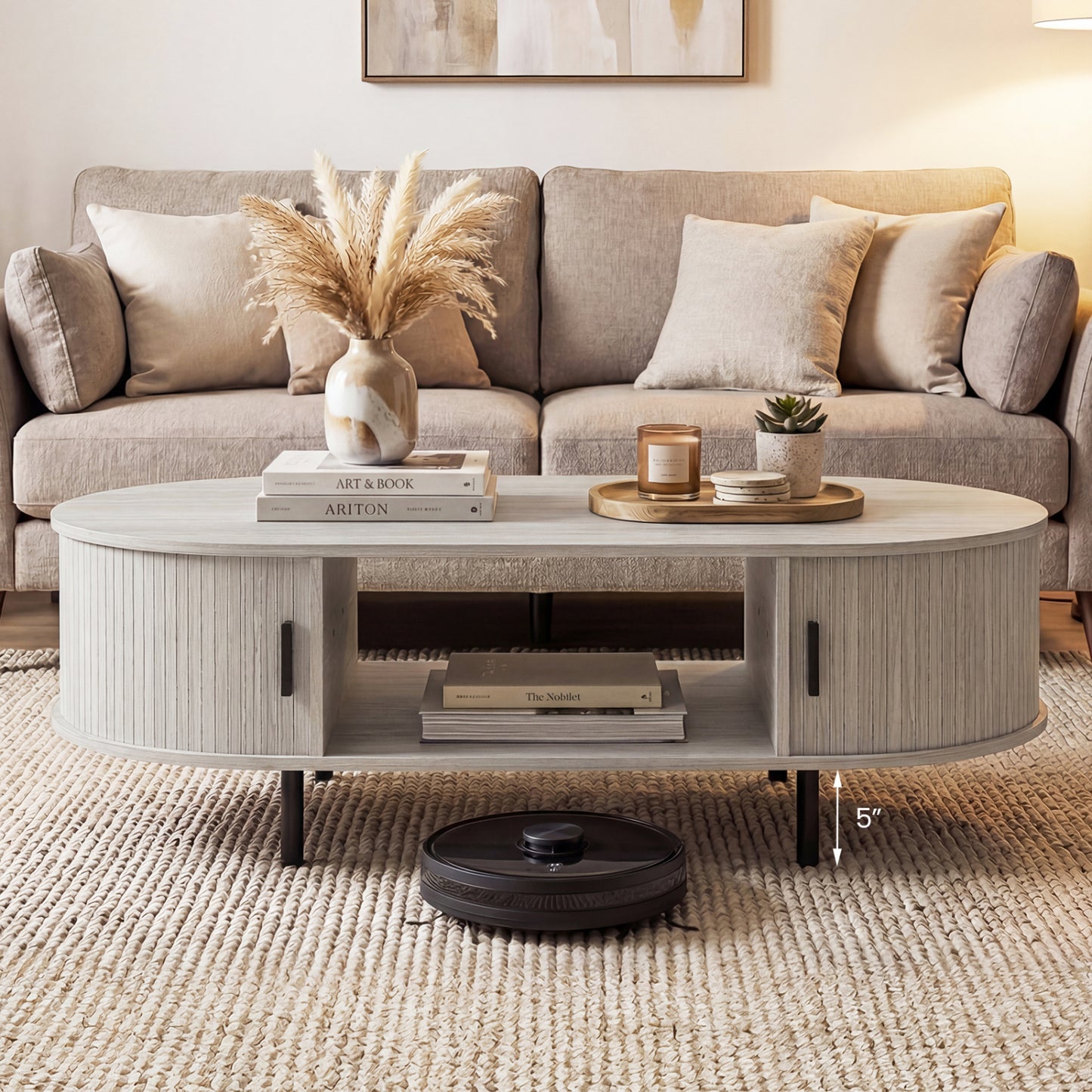 Oval Coffee Table 47.5inch Wooden Center Table with Storage
