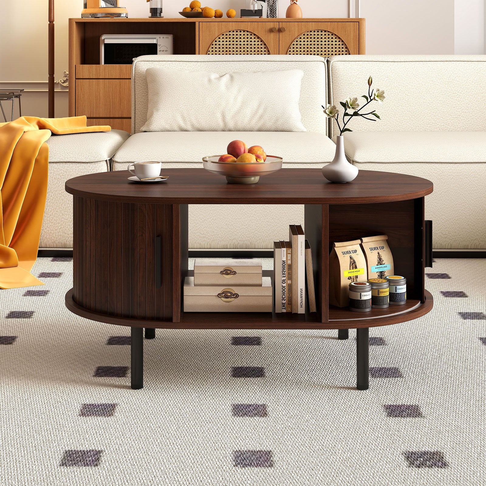 Oval Coffee Table with Open Compartment and Sector Shelves-Walnut