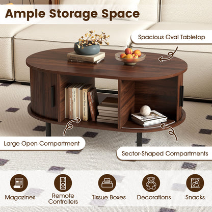Oval Coffee Table with Open Compartment and Sector Shelves-Walnut