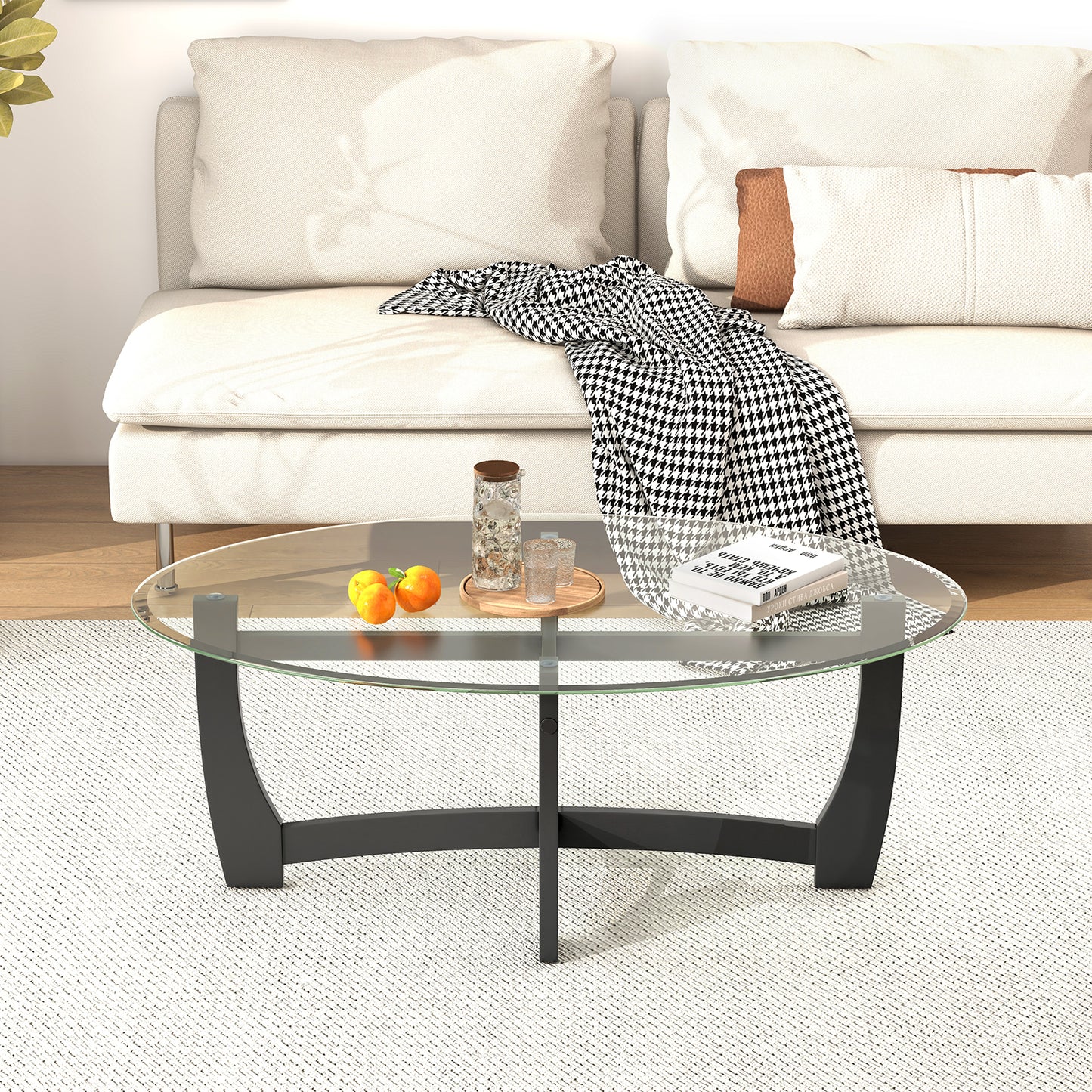 Oval Coffee Table with Tempered Glass Tabletop and Rubber Wood Legs-Black