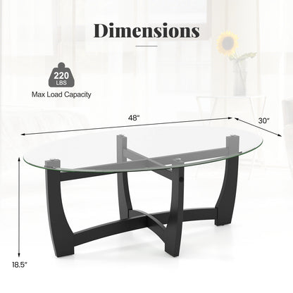 Oval Coffee Table with Tempered Glass Tabletop and Rubber Wood Legs-Black