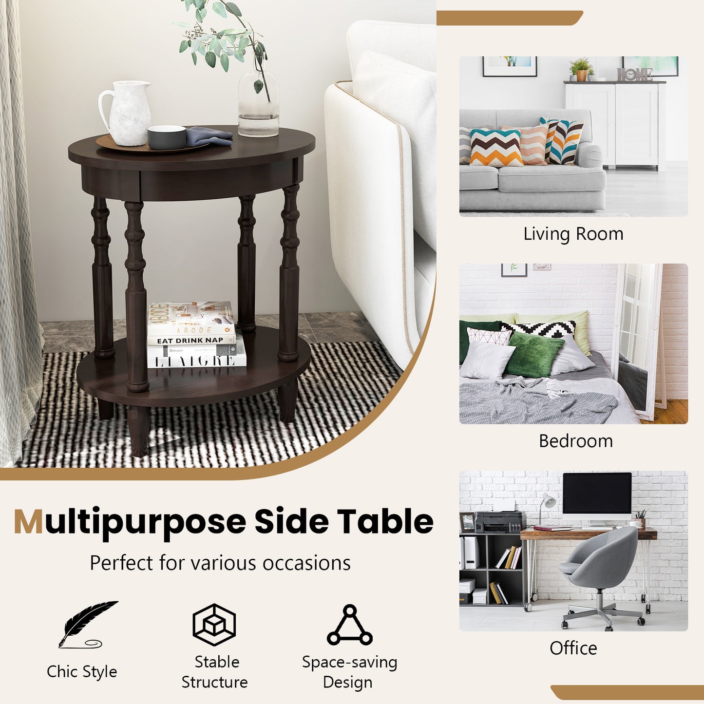 Oval Side Table with Storage Shelf and Wood Legs