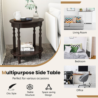 Oval Side Table with Storage Shelf and Wood Legs