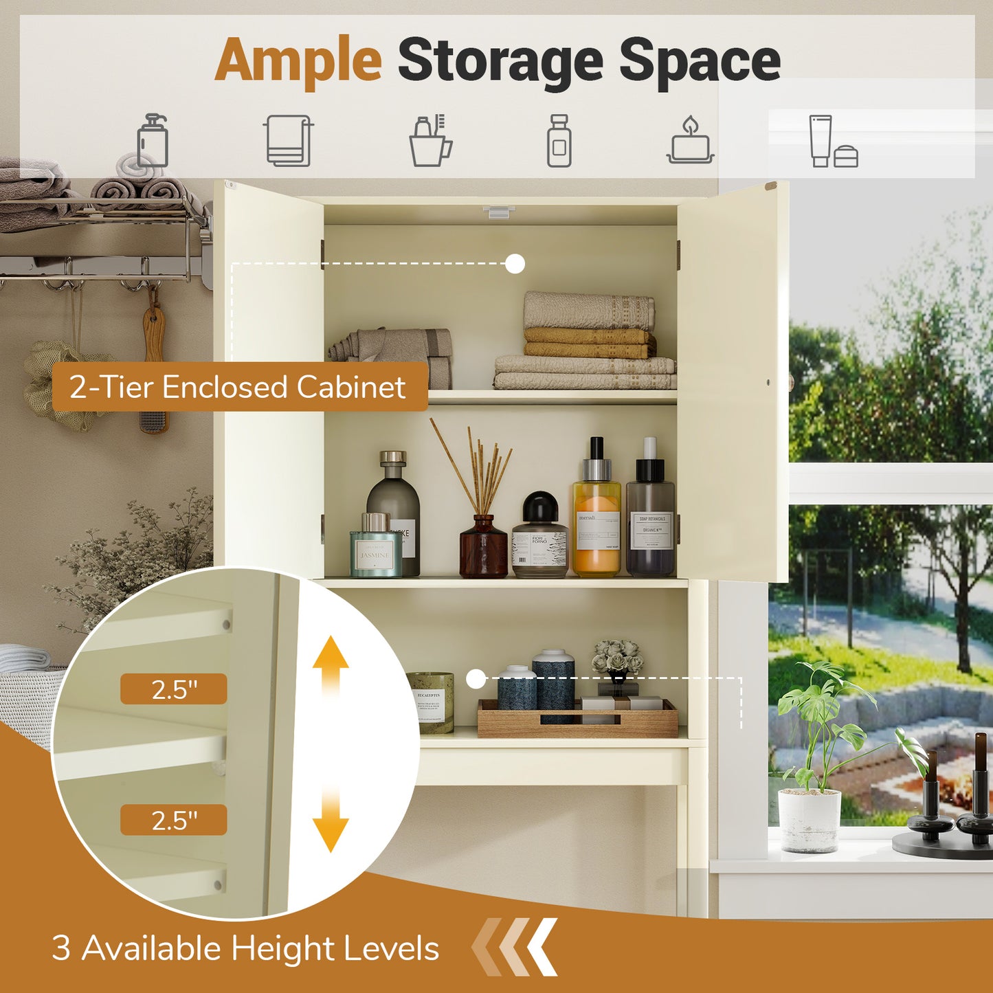 Over The Toilet Storage Cabinet with Fluted Doors-Beige
