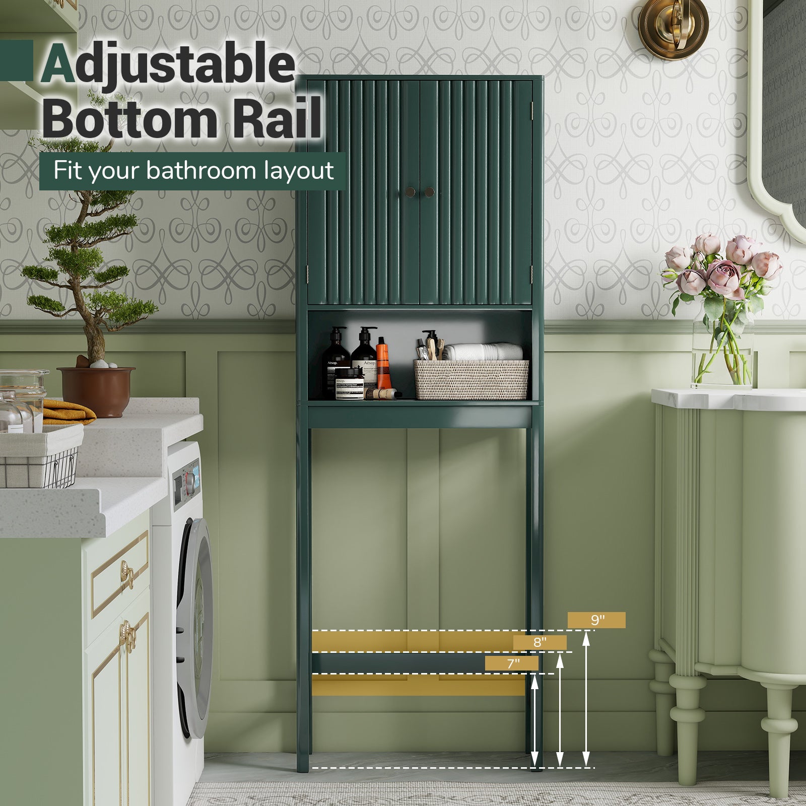 Over The Toilet Storage Cabinet with Fluted Doors-Green