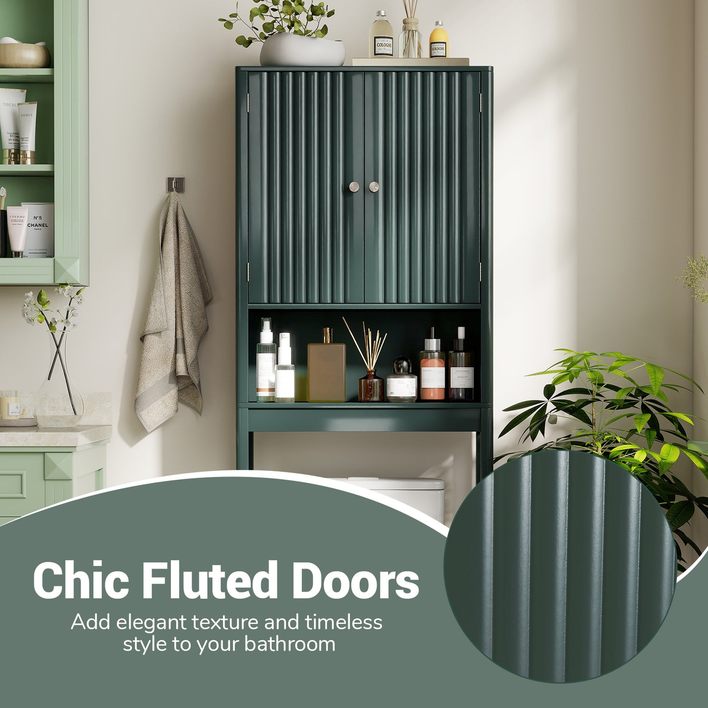 Over The Toilet Storage Cabinet with Fluted Doors-Green