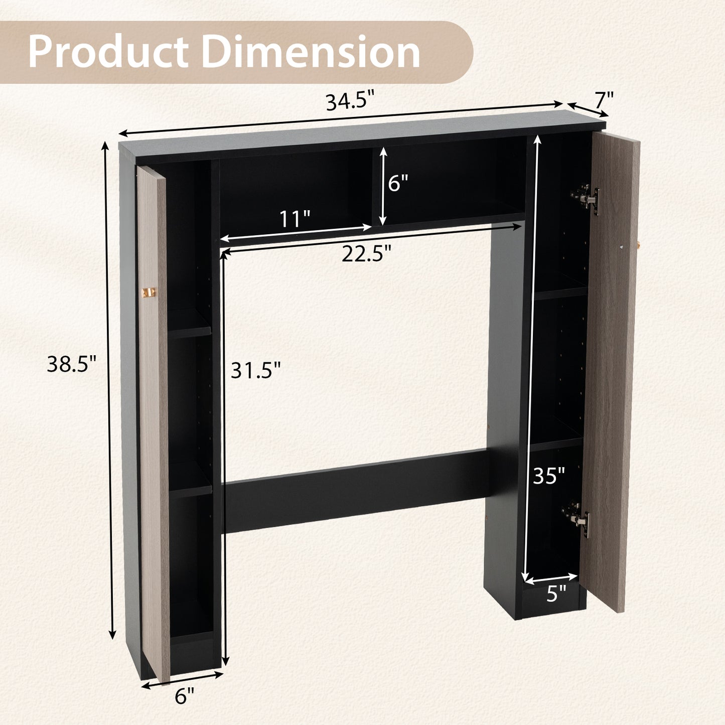 Over The Toilet Storage Cabinet with 2 Open Compartments and 4 Adjustable Shelves