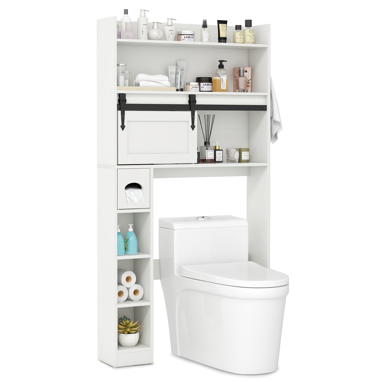 Over The Toilet Storage Cabinet with Sliding Barn Door and Adjustable Shelves-Gray - White