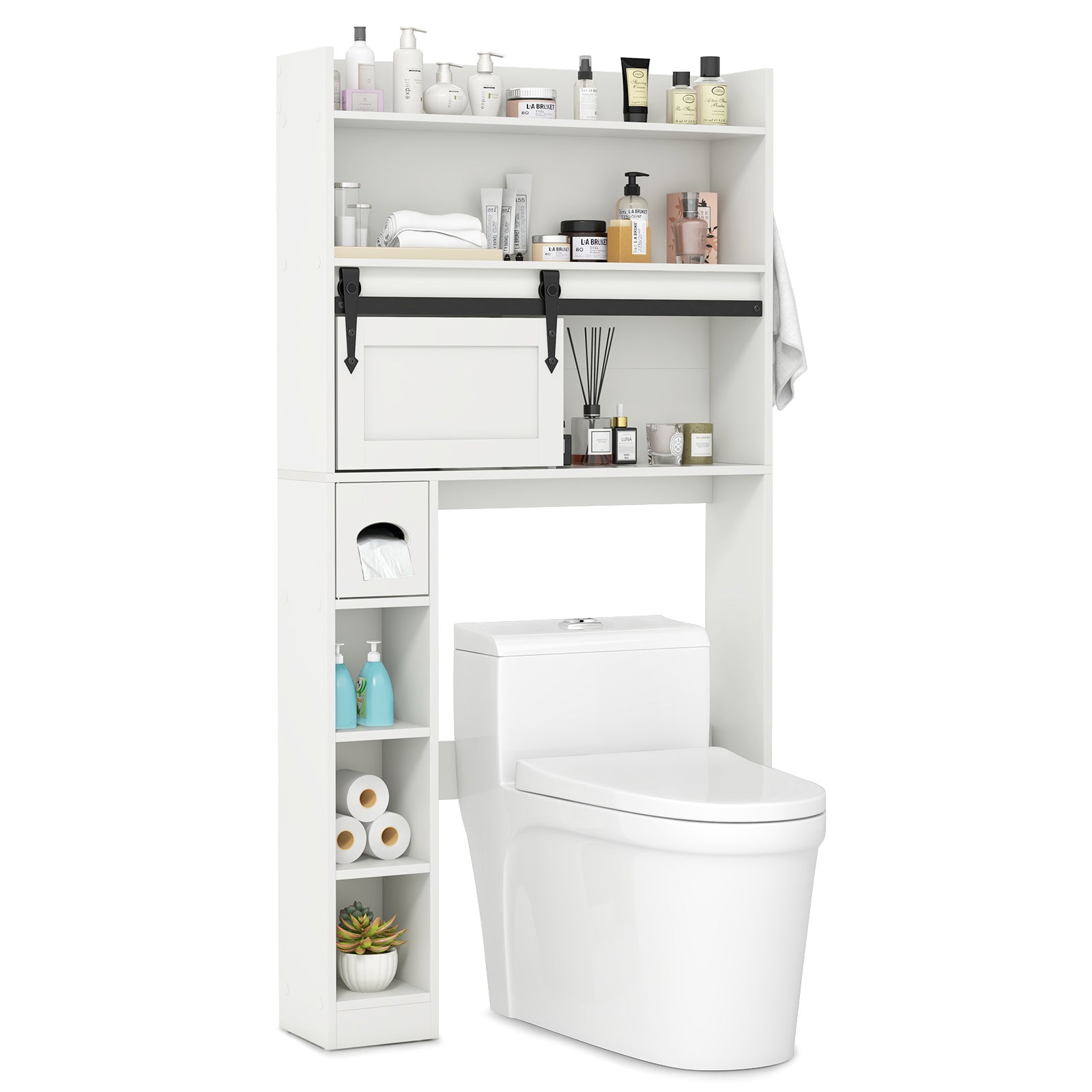 Over The Toilet Storage Cabinet with Sliding Barn Door and Adjustable Shelves-Gray - White