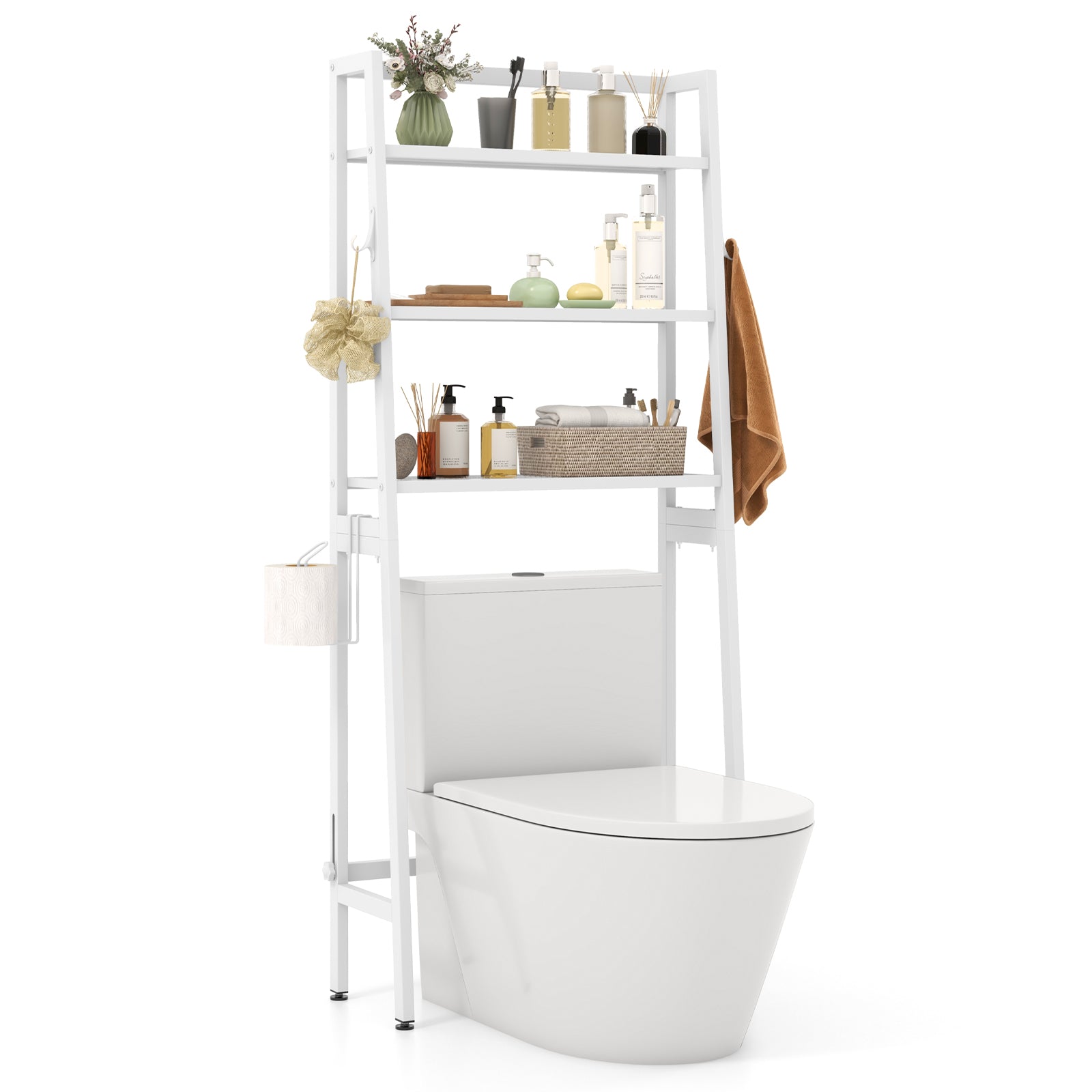 3-Tier Over The Toilet Storage Shelf with Adjustable Bottom Bar-White - White