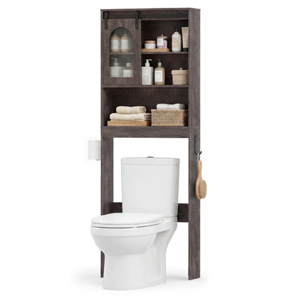 Over Toilet Storage Cabinet with Sliding Barn Door and Open Shelves for Bathroom