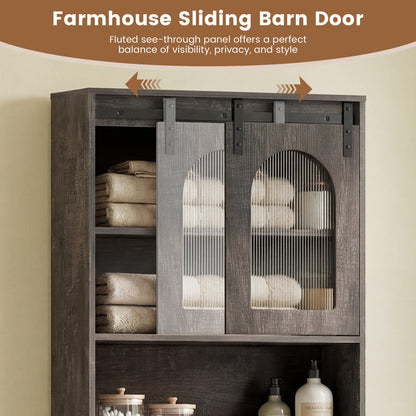Over Toilet Storage Cabinet with Sliding Barn Door and Open Shelves for Bathroom