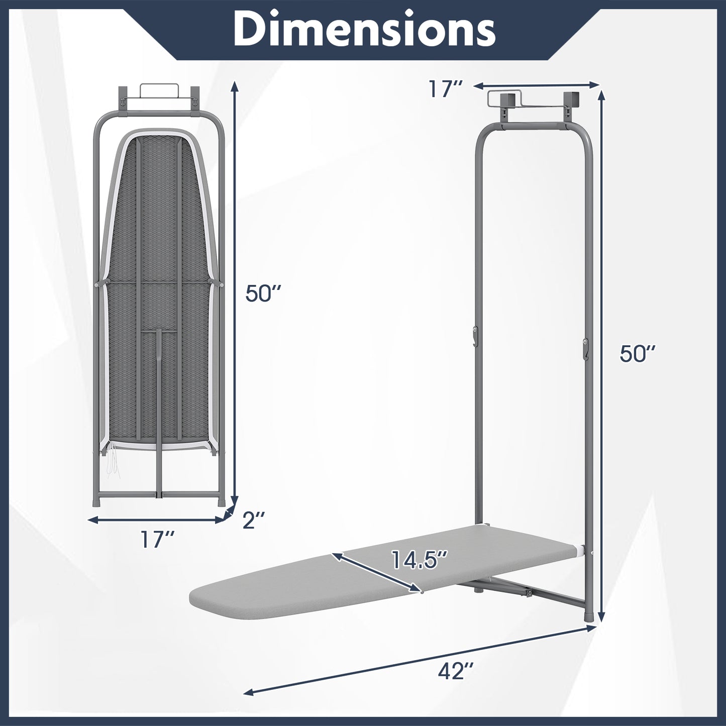 Over the Door Ironing Board Space-Saving Metal Hanging Ironing Board-Gray