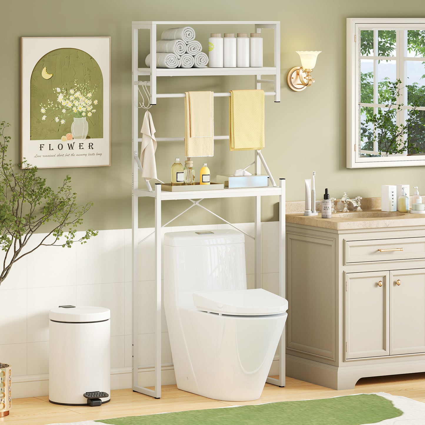 Over the Toilet Storage Rack 3-Tier Over Toilet Bathroom Organizer with Towel Holder-White