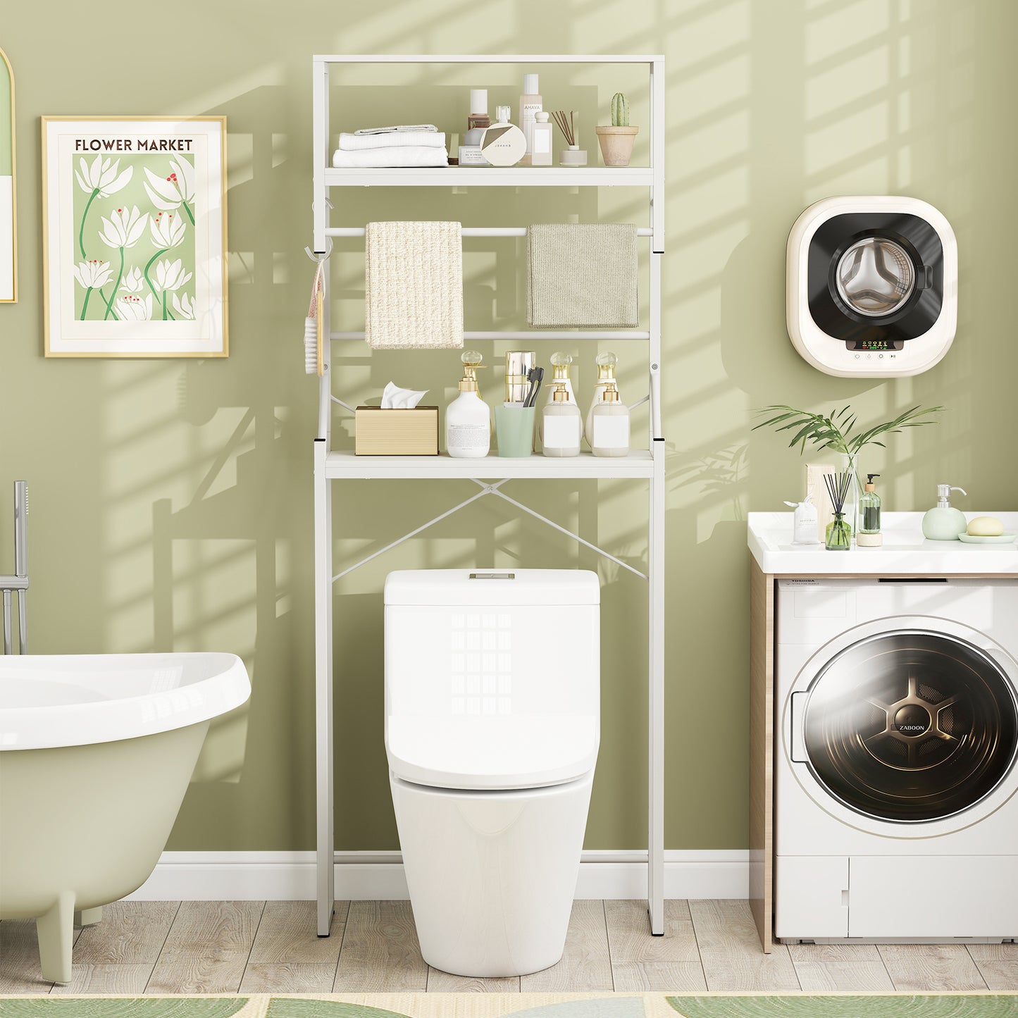 Over the Toilet Storage Rack 3-Tier Over Toilet Bathroom Organizer with Towel Holder-White