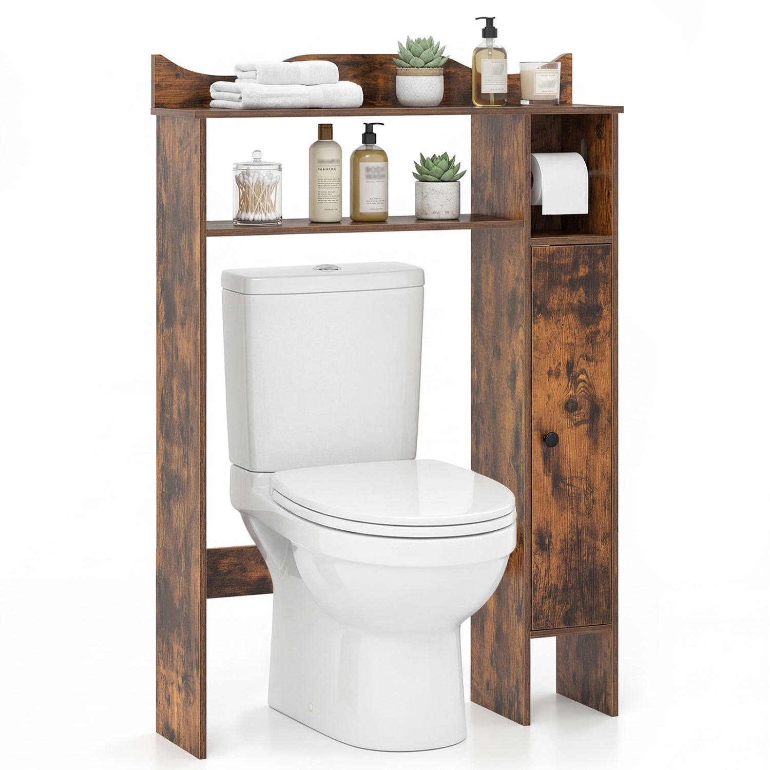 Wood Over the Toilet Bathroom Space Saver with Paper Holder and Shelf-White - Rustic Brown