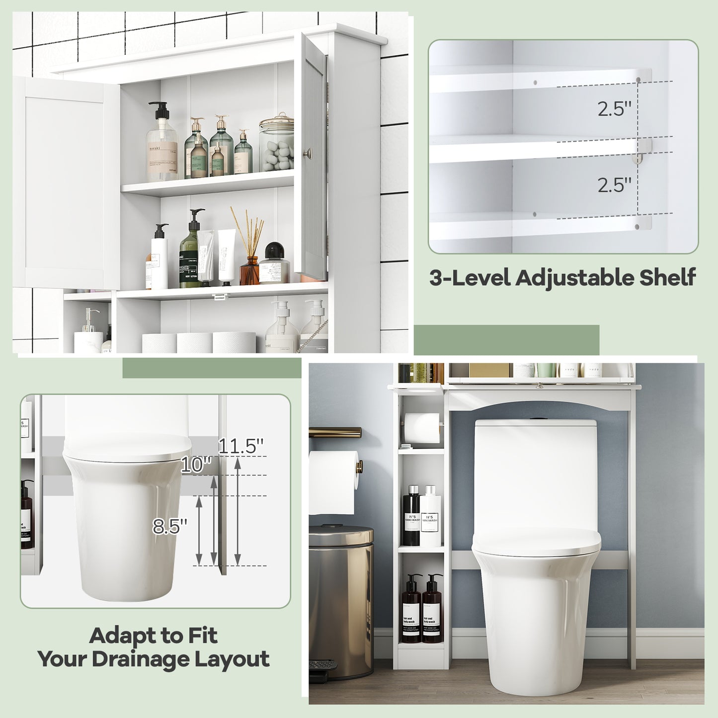 Over the Toilet Storage Cabinet with Adjustable Shelf and Bottom Bar-White