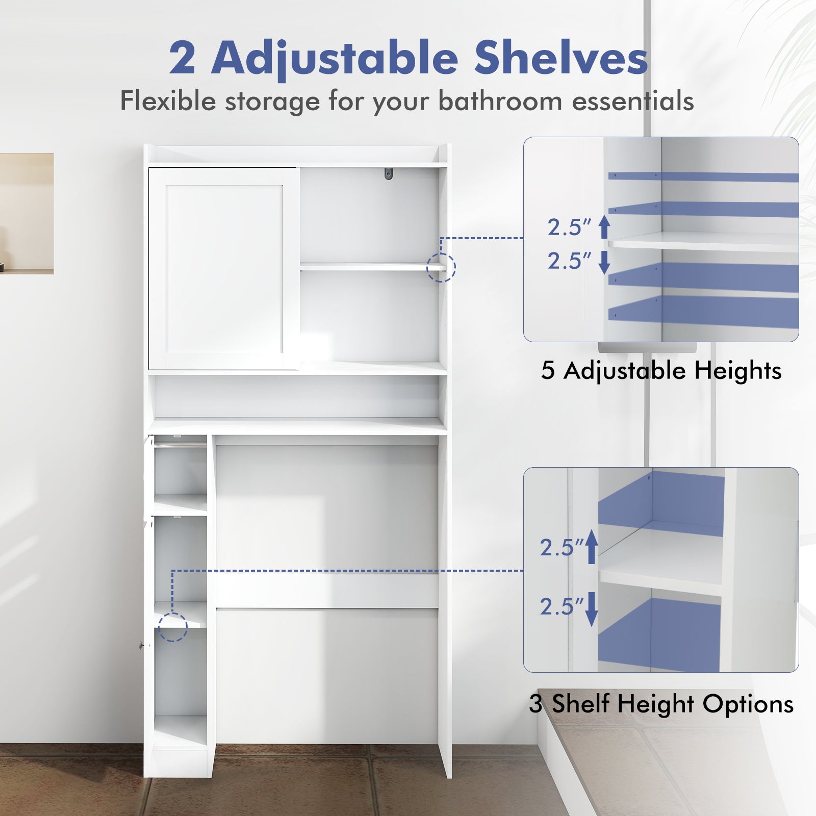 Over-the-Toilet Storage Cabinet Standing Toilet Rack with Sliding Door-White