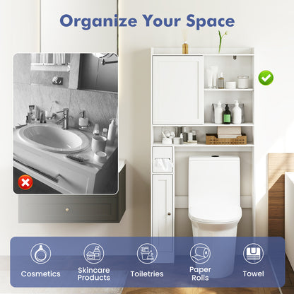 Over-the-Toilet Storage Cabinet Standing Toilet Rack with Sliding Door-White
