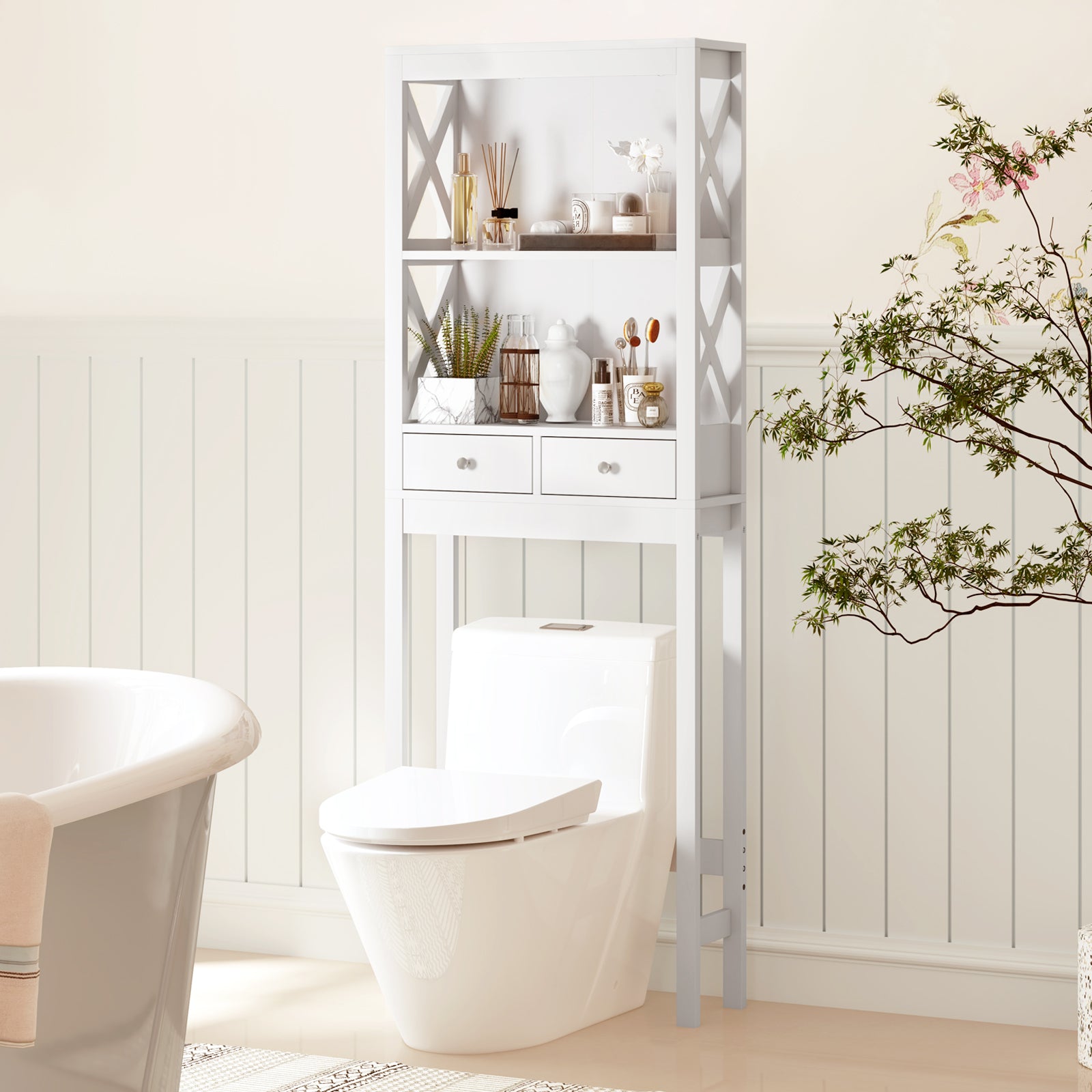 Over the Toilet Storage Rack Tall with Drawers Shelves and Adjustable Bottom Bar