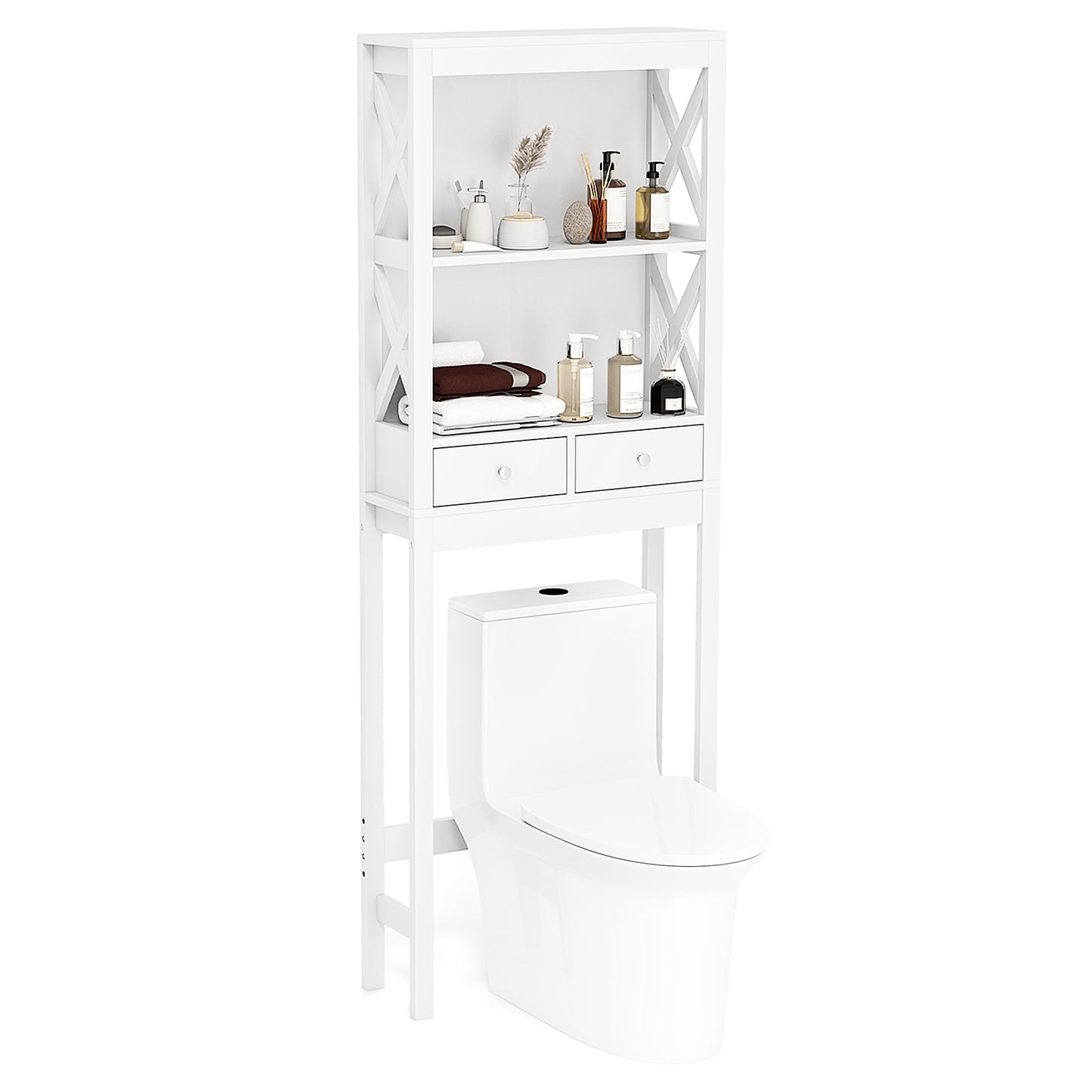Over the Toilet Storage Rack Tall with Drawers Shelves and Adjustable Bottom Bar