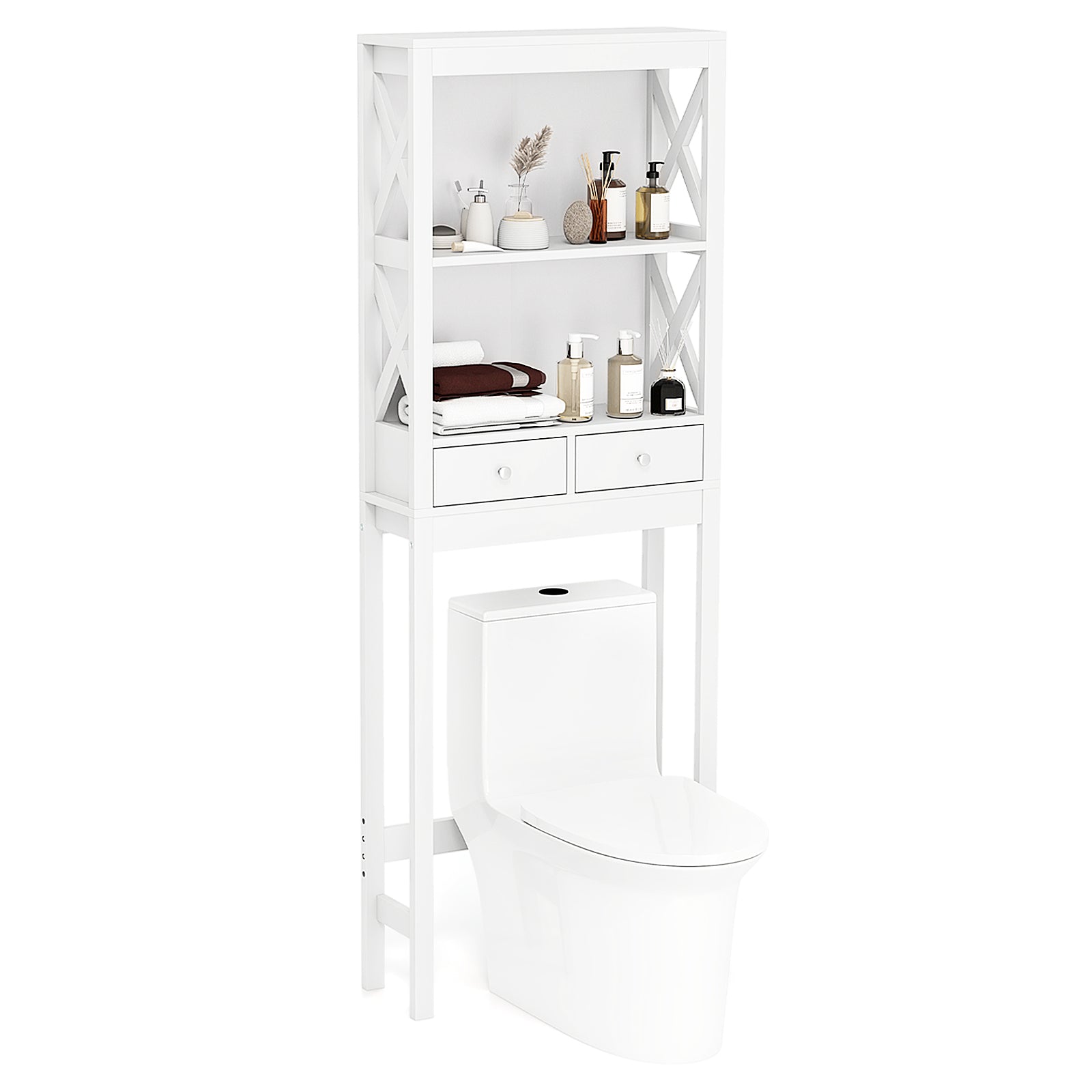Over the Toilet Storage Rack Tall with Drawers Shelves and Adjustable Bottom Bar