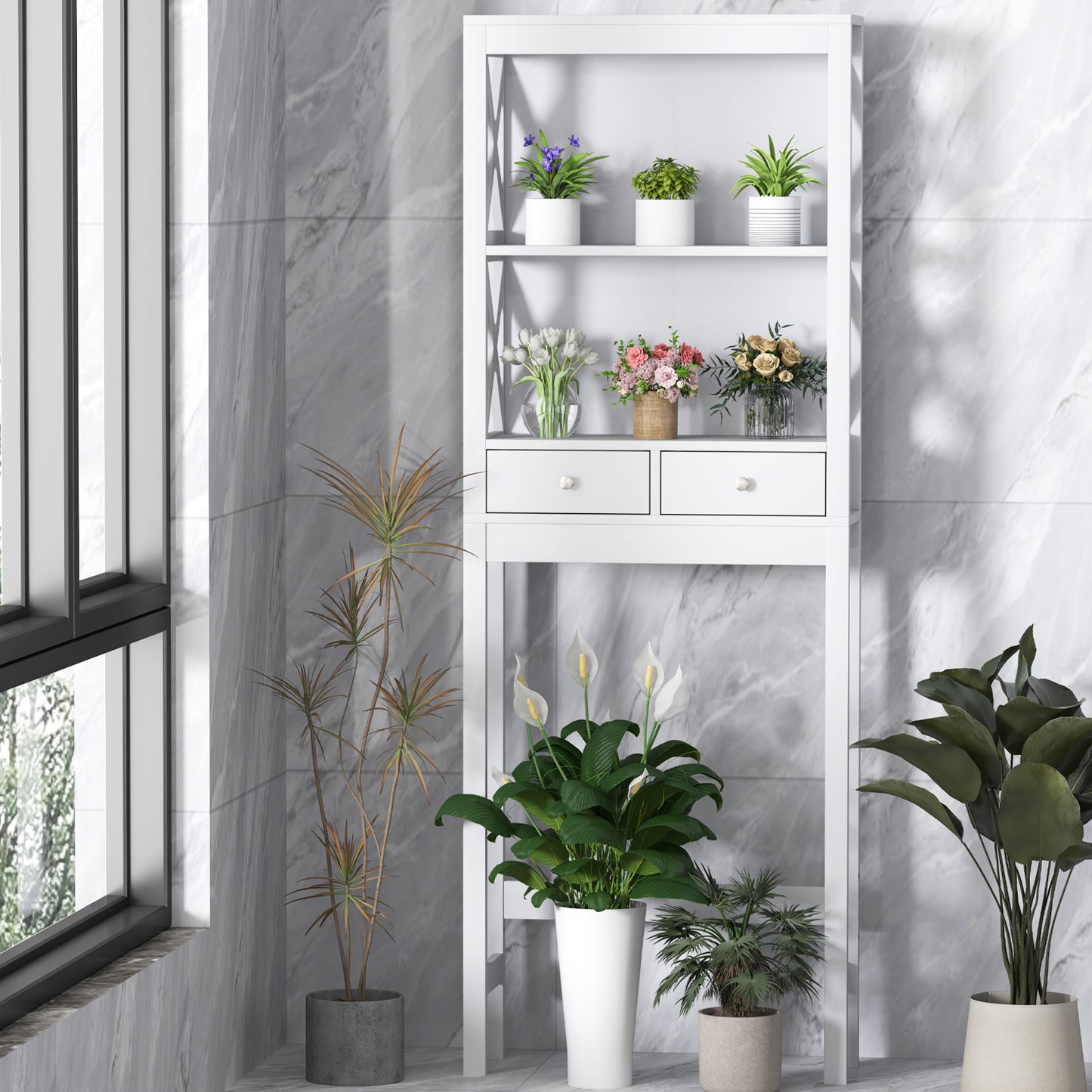 Over the Toilet Storage Rack Tall with Drawers Shelves and Adjustable Bottom Bar