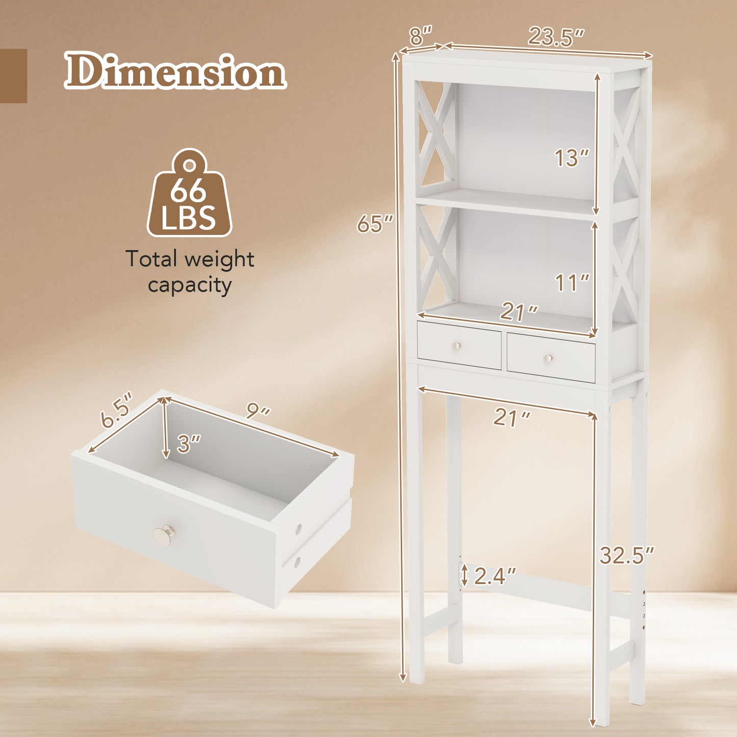 Over the Toilet Storage Rack Tall with Drawers Shelves and Adjustable Bottom Bar