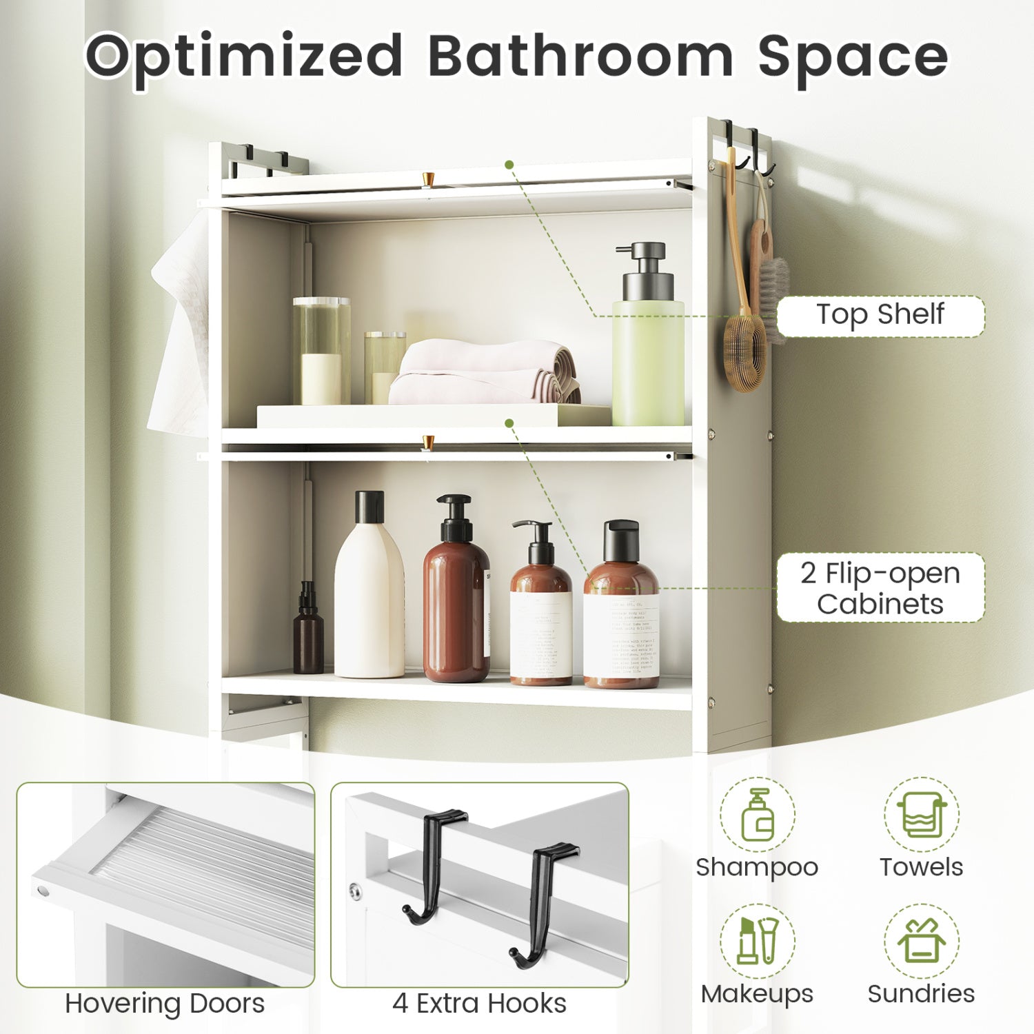 Over-the-toilet Cabinet Bathroom Organizer with 2 Flip-up Cabinets-White