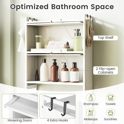 Over-the-toilet Cabinet Bathroom Organizer with 2 Flip-up Cabinets-White