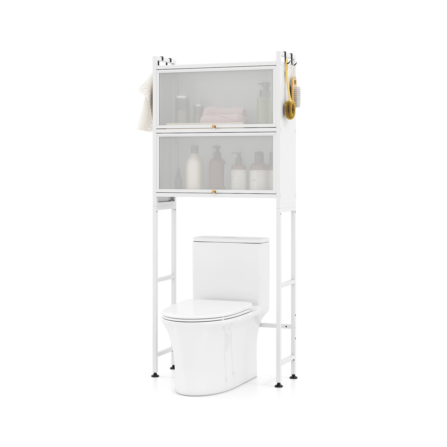 Over-the-toilet Cabinet Bathroom Organizer with 2 Flip-up Cabinets-White