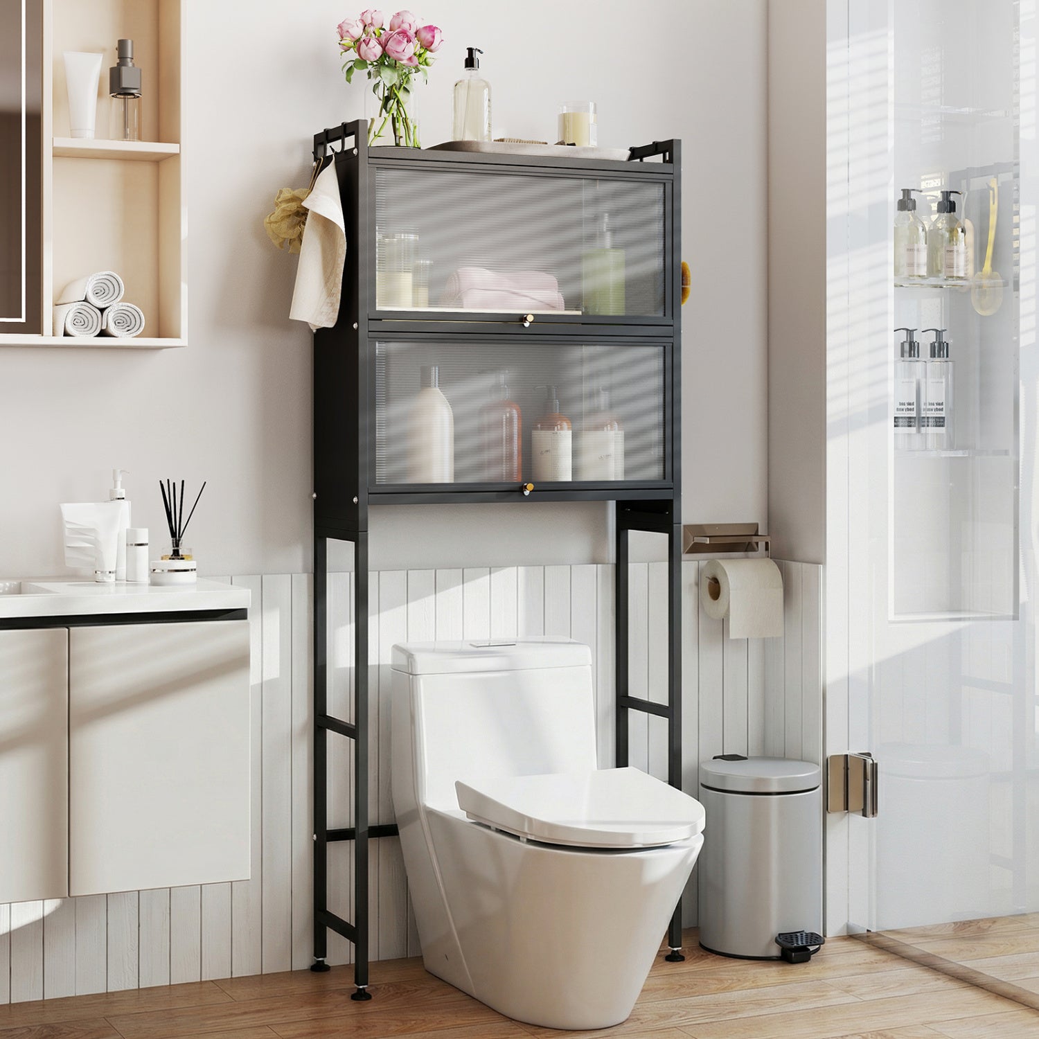 Over-the-toilet Cabinet Bathroom Organizer with 2 Flip-up Cabinets-Black