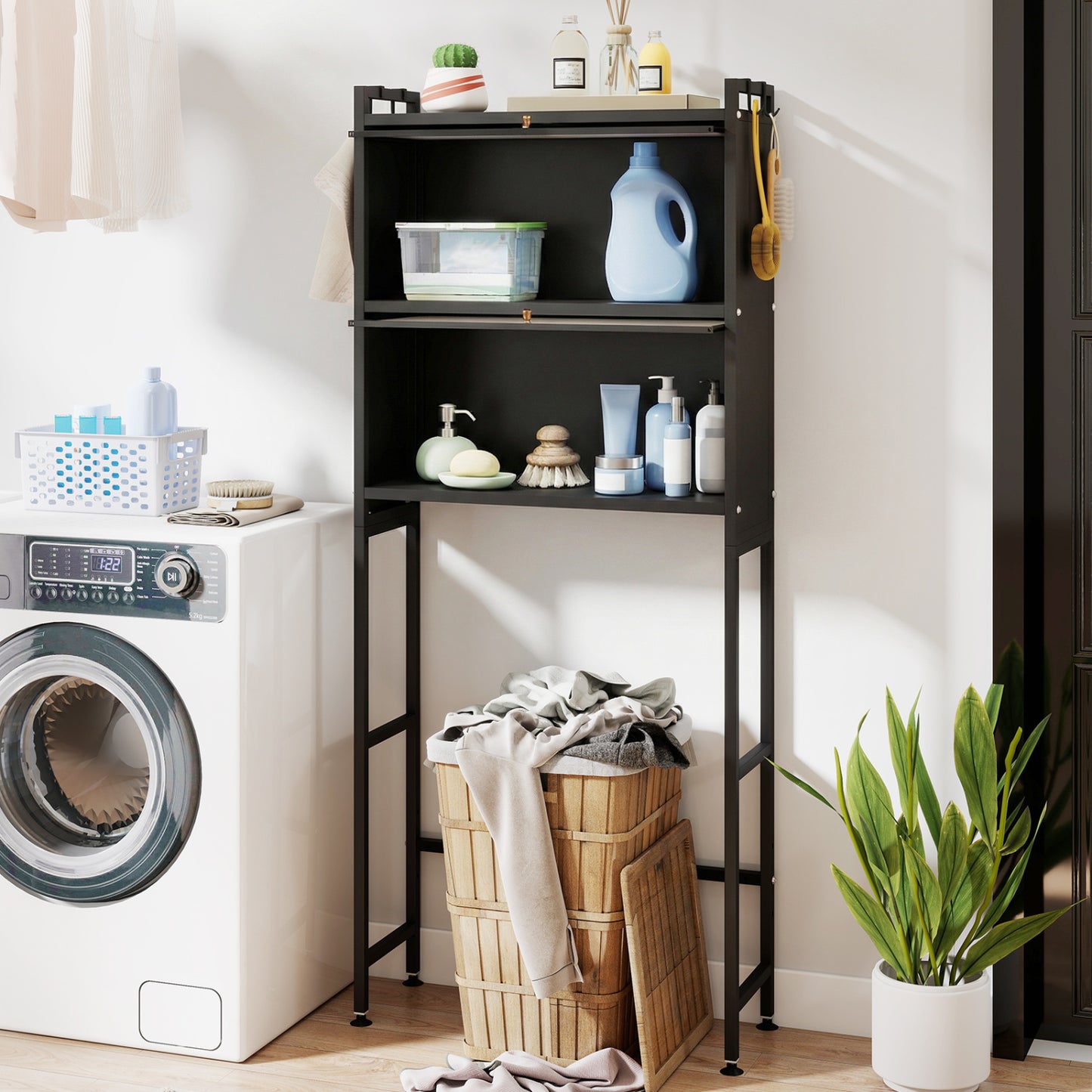 Over-the-toilet Cabinet Bathroom Organizer with 2 Flip-up Cabinets-Black